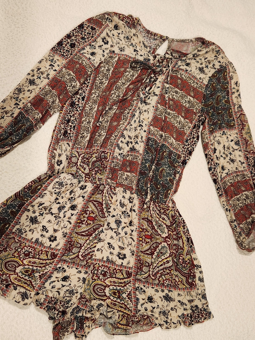 American Eagle Outfitters Cream, Rust & Navy Patchwork Romper